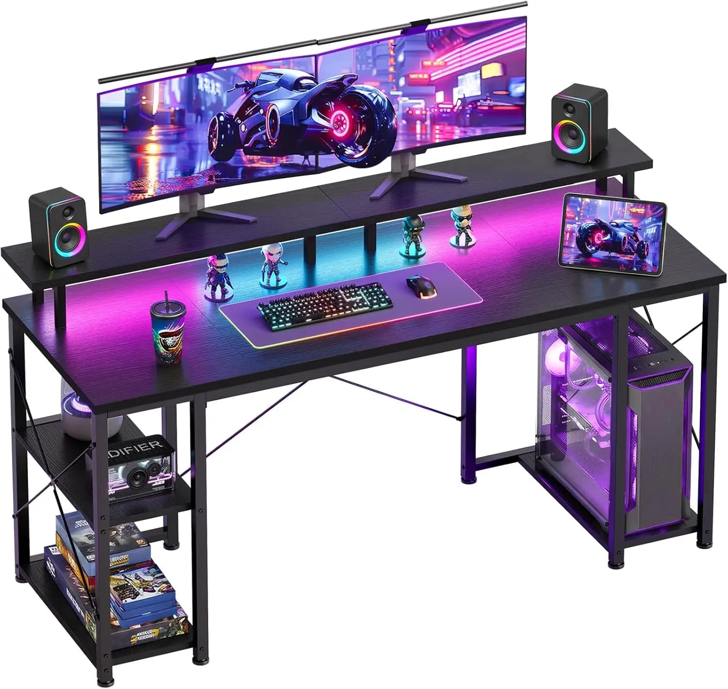 Scrivania da Gaming da 55 Pollici con Luci LED, Prese di Corrente, Supporto Monitor e Ripiani Portaoggetti per Ufficio Domestico