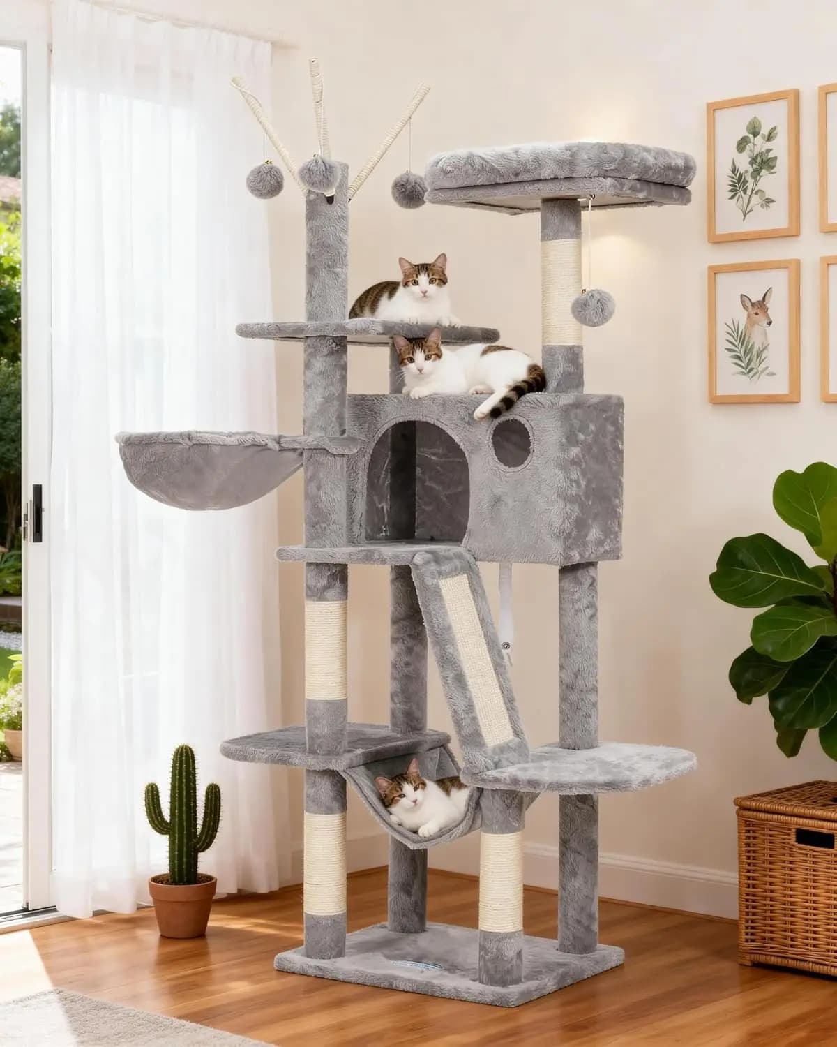 Torre per Gatti da Interno 53 Pollici, con Piattaforma Imbottita, Cuccia, Amache e Tiragraffi, Grigio Chiaro