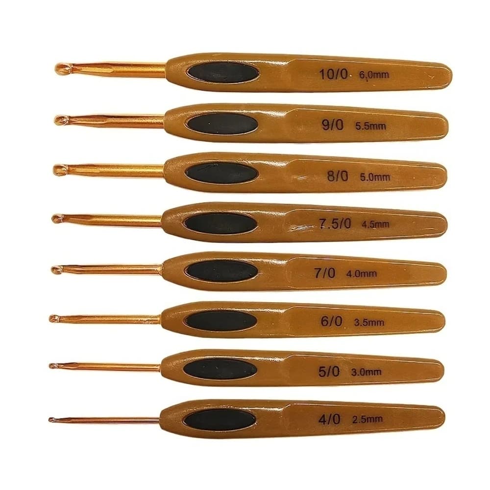 Knitting tools plastic handle sweater needles brown soft leather aluminum crochet hooks, a set of 8, packaged in OPP bag
