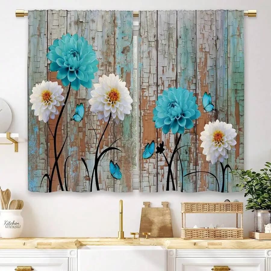 Farmhouse Floral Kitchen Curtains Daisy Rustic Vintage Short Cafe Window Tier Drapes 27.5x39 Inch