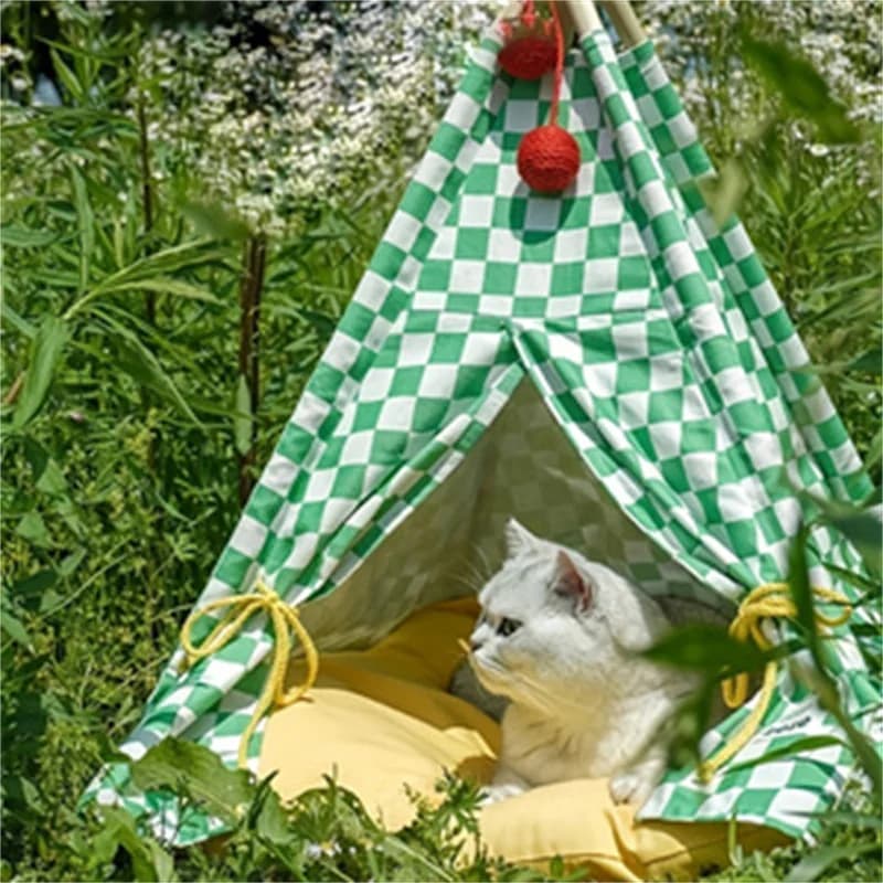 Cuccia Universale per Animali Domestici con Tappetino Rimovibile e Lavabile, Design Semi-Chiuso, Letto per Cani Quattro Stagioni con Motivo a Scacchi
