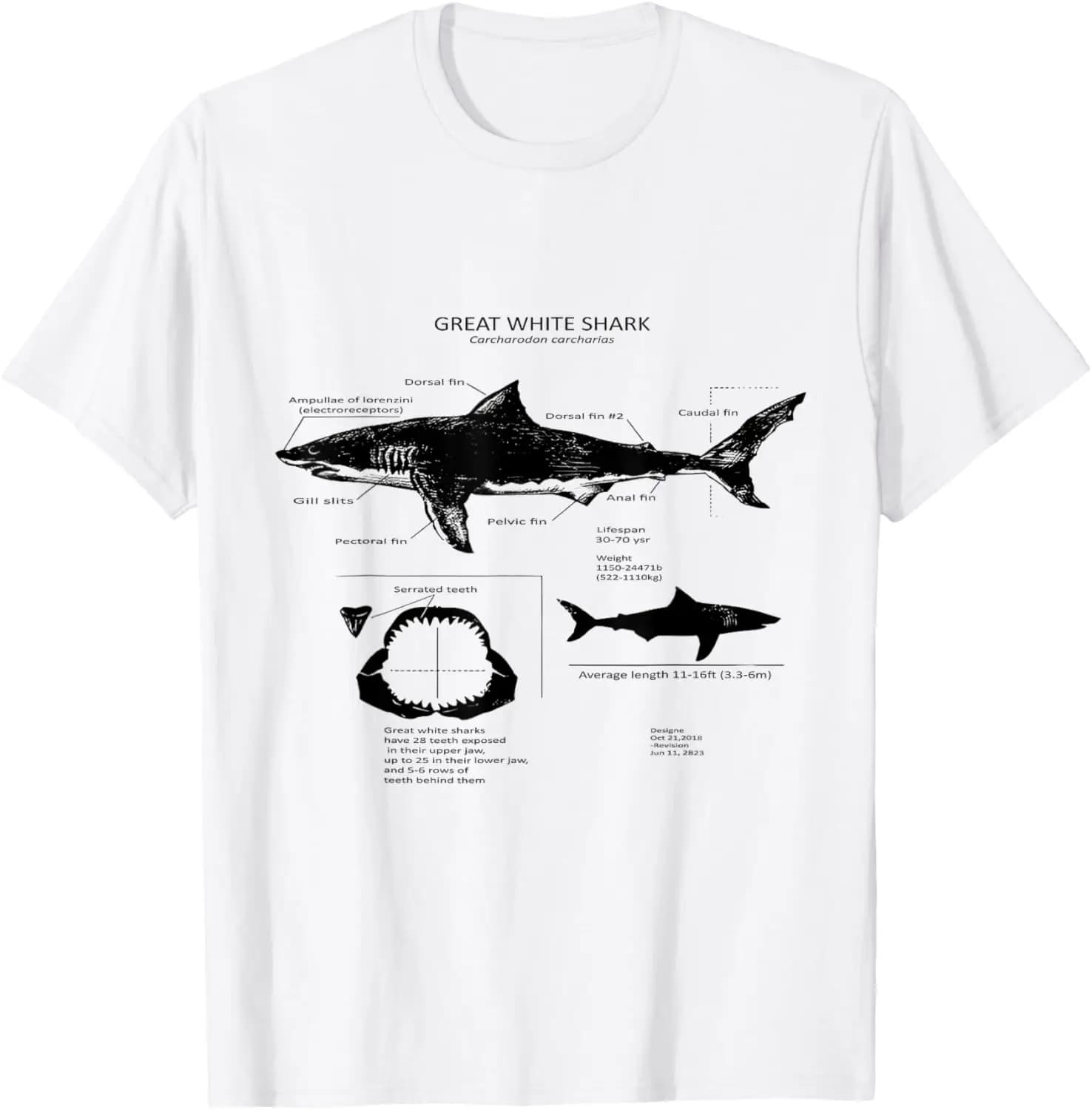Anatomy Of White Shark T-Shirt 100% Cotton Trendy Y2K Short-Sleeve Tee – Soft, Quick-Drying, & Moisture-Wicking; Ideal Sports