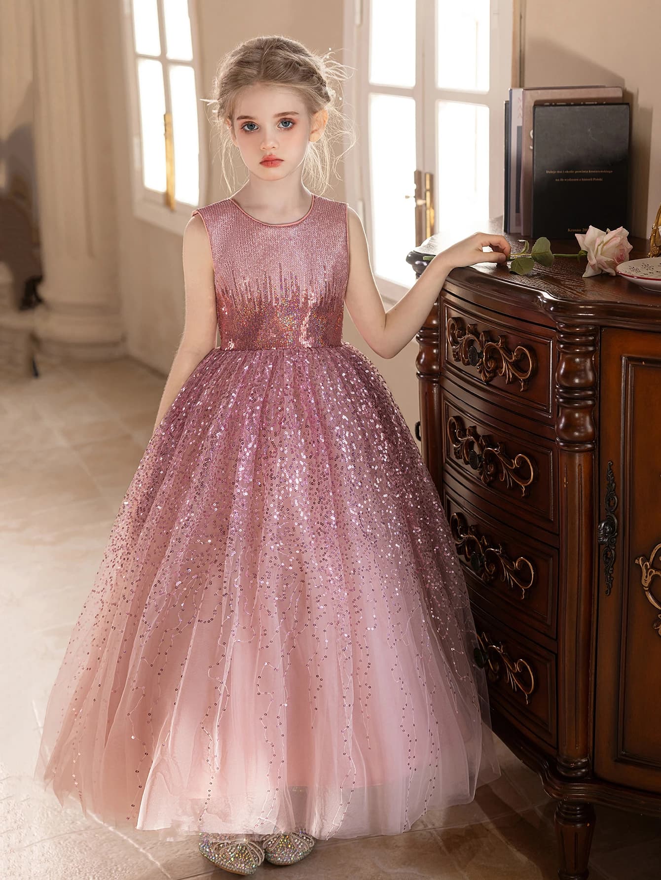Costume da principessa Abito di fascia alta con paillettes rosa per ragazze Compleanno Matrimonio Gonna con pompon Abito da sera