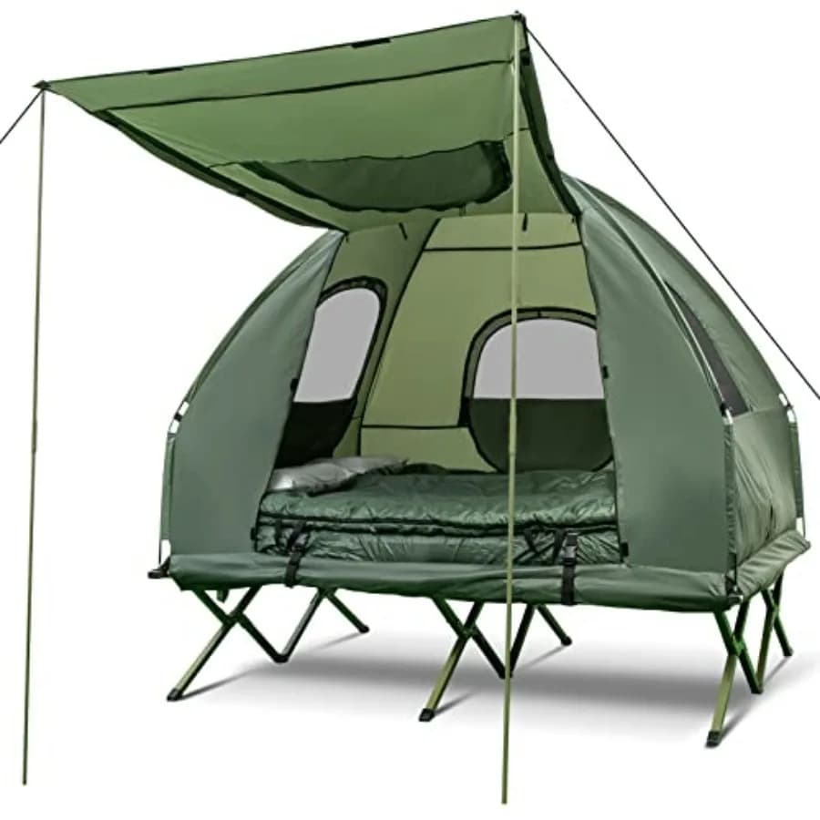 Tenda da campeggio pieghevole per 2 persone con materasso ad aria e sacco a pelo, tenda a cupola portatile per escursioni e campeggio