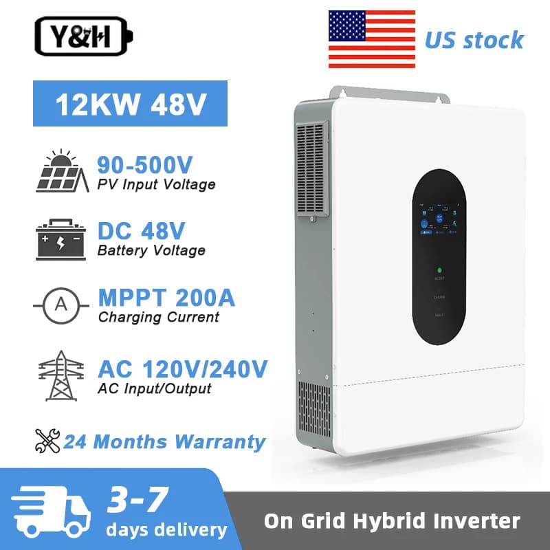 Y&H 12KW Hybrid Solar Inverter 48V Split Phase 120V/240VAC Inverter Parallel Support 6 Units, MPPT 200A Solar Charger PV 500VDC