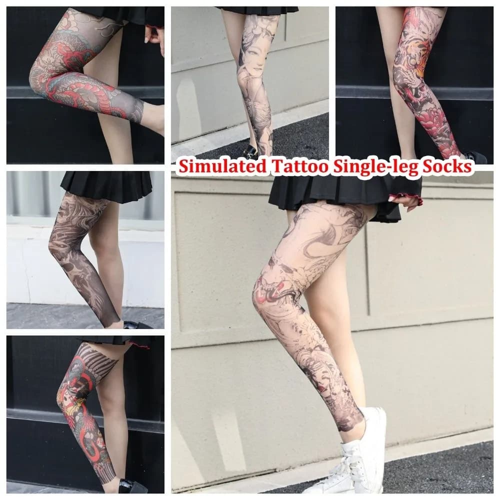 1pc Fashion Simulated Single-leg Socks Terrifyin Sexy Tattooed Stockings Mesh Perspective Women's Printed Thigh Socks Summer