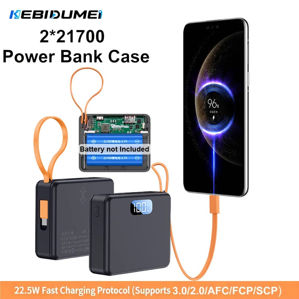 KEBIDUMEI 22.5W Fast Charge Power Bank Case 2x21700 Solderless DIY Battery Box USB Type C QC3.0 Shell Charging Cable