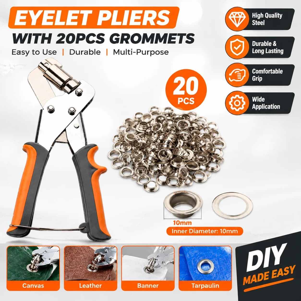 10mm Eyelet Pliers Kit Tools Portable Hand Press Metal Grommet Hole Punch Plier for Leather Canvas Clothing DIY Tarp Ring