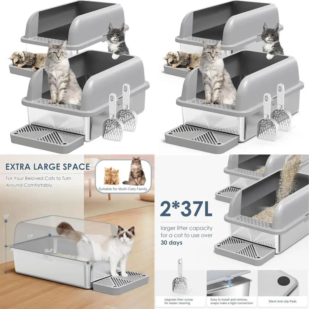 Lettiera per Gatti Extra Large in Acciaio con Coperchio, Pareti Alte Anti-Perdita, Vassoio Antiaderente Facile da Pulire