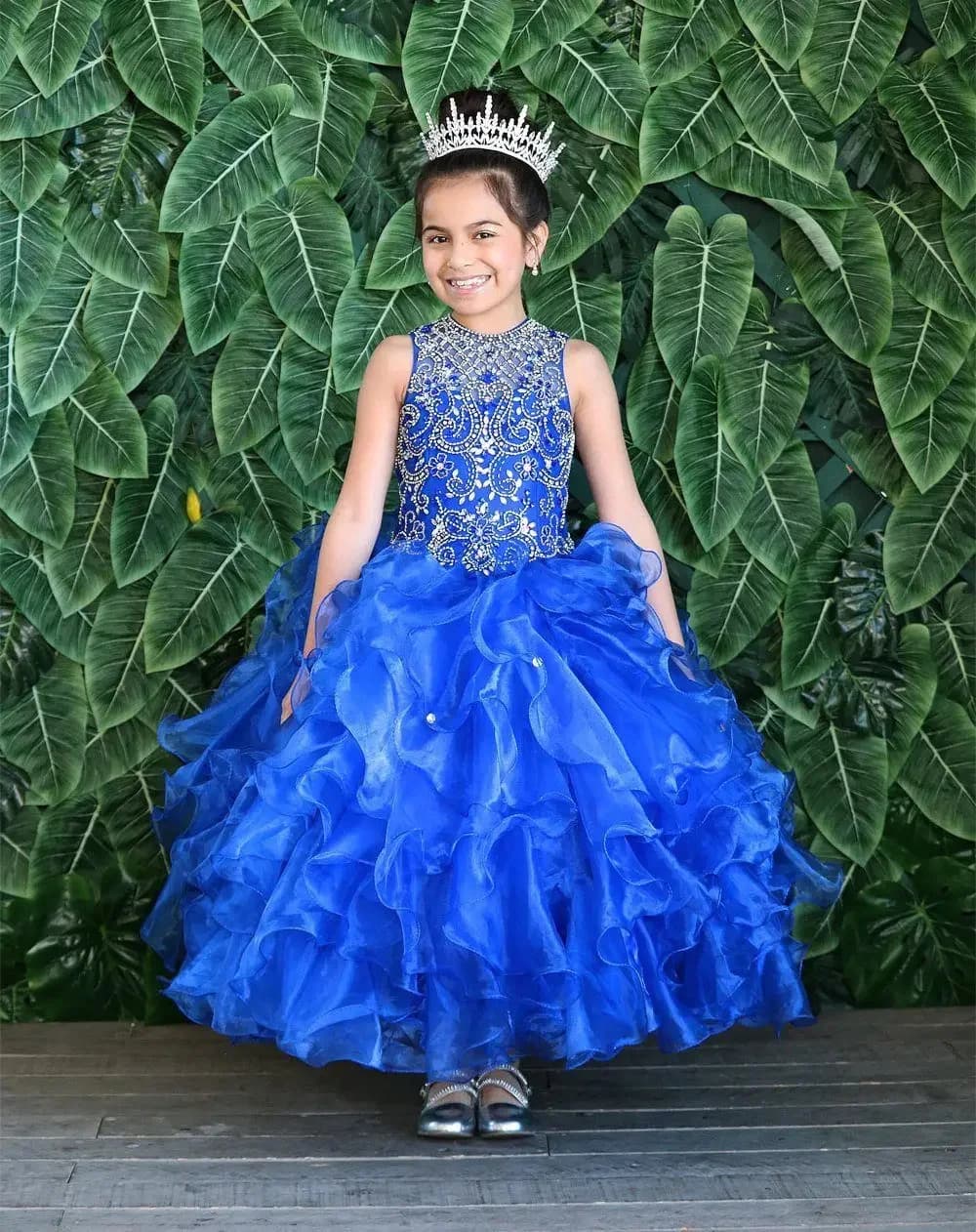 Abiti da ragazza di fiore blu royal personalizzati con applicazioni a strati maniche in cristallo scintillante abito da spettacolo per festa di compleanno principessa di lusso