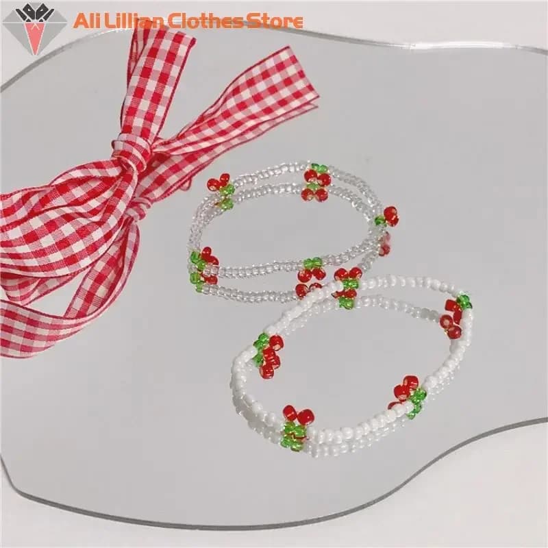 Braccialetto Estivo Fresco con Perline di Cristallo Bianco, Braccialetto Elegante Intrecciato a Mano con Ciliegie, Gioielli Regalo per Ragazze per Feste