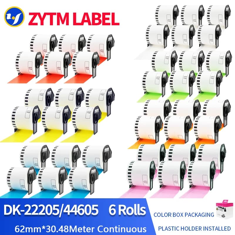 6 rotoli di etichette compatibili Brother DK-22205/DK-44605 62mm*30,48M continue per stampante termica QL-700/QL-800 con supporto in plastica