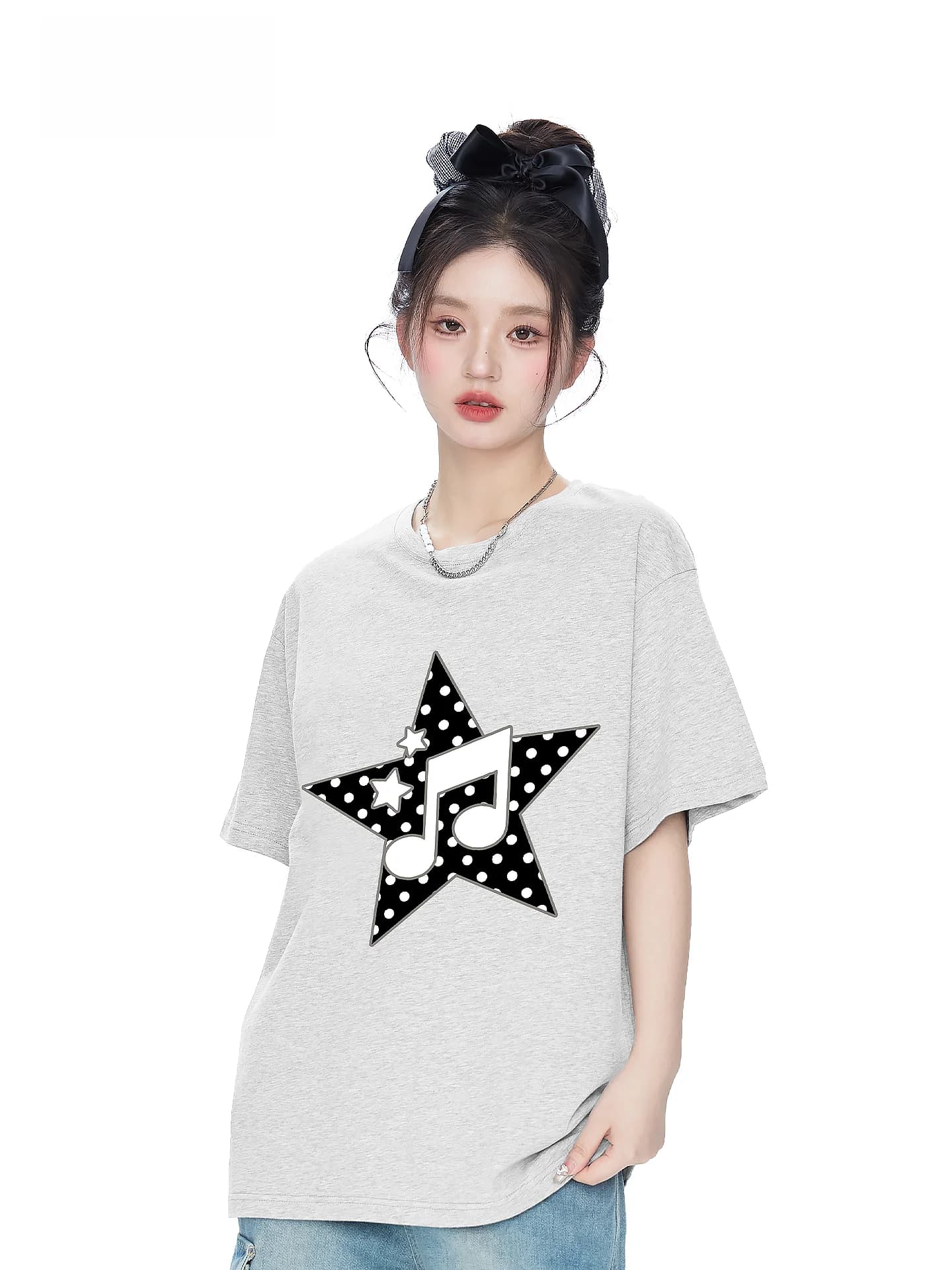 Itono Korean Style Short Sleeve T-Shirt Women Summer Loose Fit Slimming Top Note Print Star Print Cotton round Neck Casual Tee