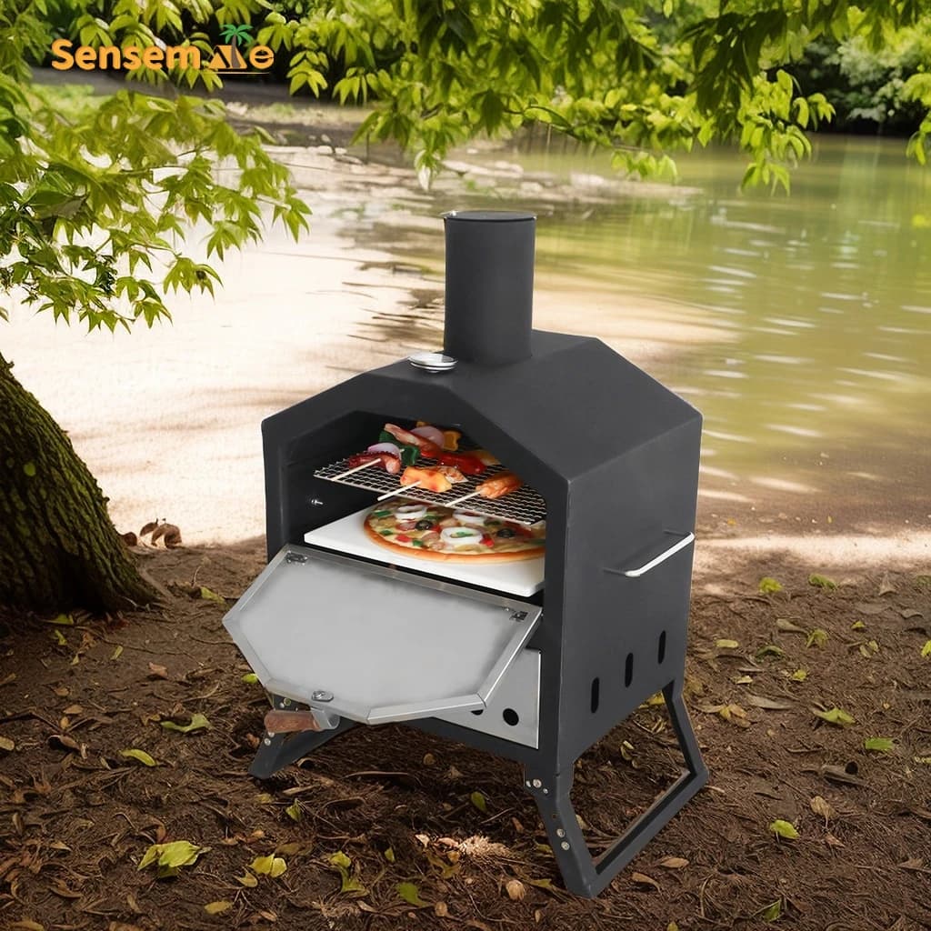 Forno per pizza portatile a legna da esterno con pietra e termometro da 12", gambe pieghevoli, barbecue da campeggio in acciaio inossidabile per cortile