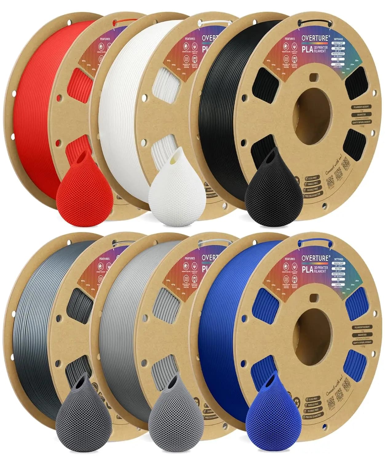 PLA Filament Pack for 6KG 3D Printer, Diameter 1.75mm with Accuracy ±0,02mm, 6 Fluid Printing Colors