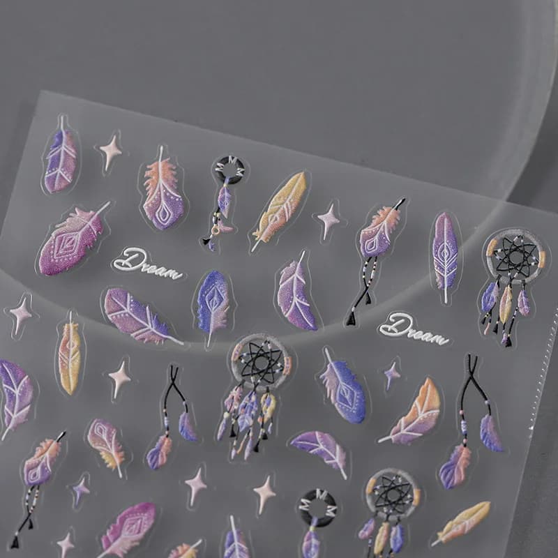 5D Realistic Relief Fantasy Dream Catcher Net Flying Feather Starlight Adheisve Nail Art Stickers Decals Manicure Embossed Charm