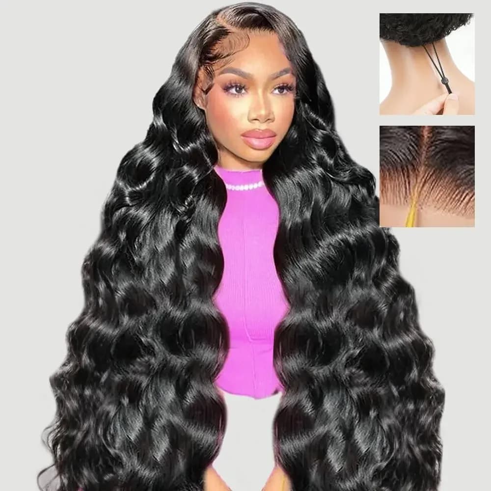 Glueless Human Hair Wig 7x6 Lace Closure Natural Black Adjustable Drawstring Pre-Plucked Hairline Body Wave Wigs 40 46 Inch HD Lace Frontal Human Hair Wigs For Women Pre Plucked 220% Density