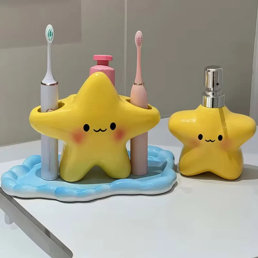 Large creative brush holder with star design - Smiling face shape, sturdy and durable structure, space saving bathroom organizer, suitable for electrical/manual brushes