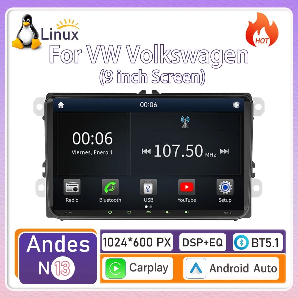 Dispositivo in-veicolo con sistema Linux e CarPlay wireless per VW Volkswagen (schermo da 9 pollici), nuovo modello, navigazione, video, multimedia