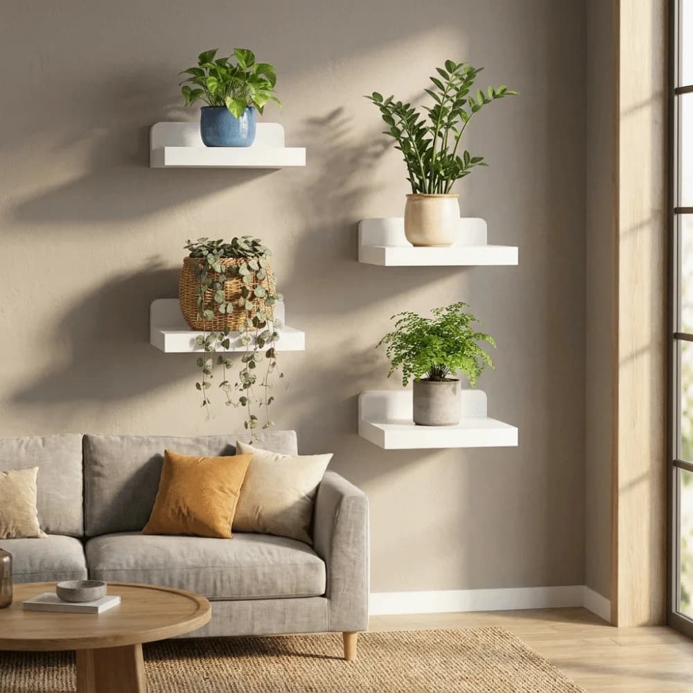4PCS Wood Small Floating Shelves Simple Rustic Wall Storage Rack Plant Display Rack Decorative Plant Flower Pot Tray for Kitchen