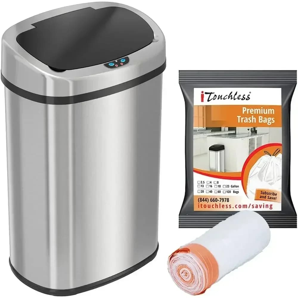 13 Gallon Stainless Steel Touch Sensor Oval Trash Can with 10 Bags