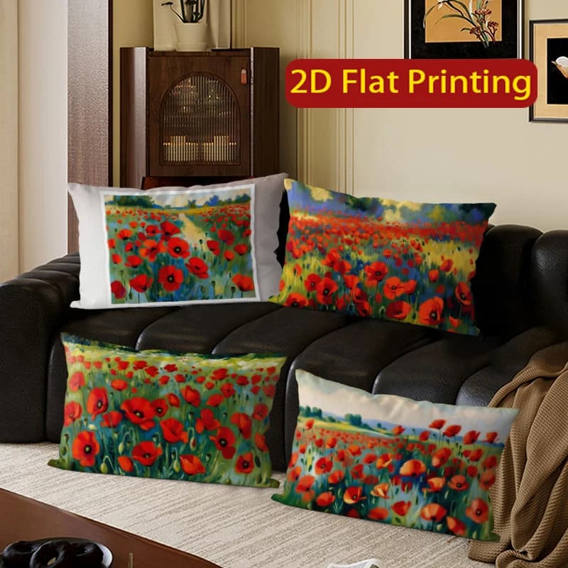 Fodere per cuscini lombari con stampa vintage Poppy Field, adatte per divano, camera da letto, auto, cuscino rettangolare per la schiena