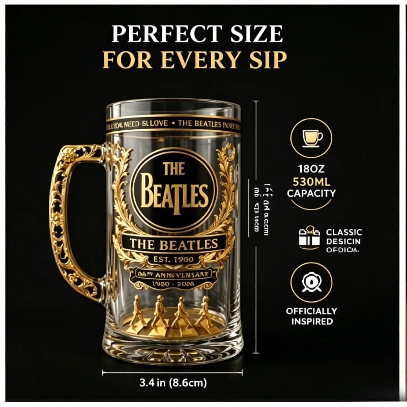 The Beatles 66th Anniversary Beer Mug, Vintage Black Gold Embossed Large Capacity Glass Draft Beer Mug Collection Ornament
