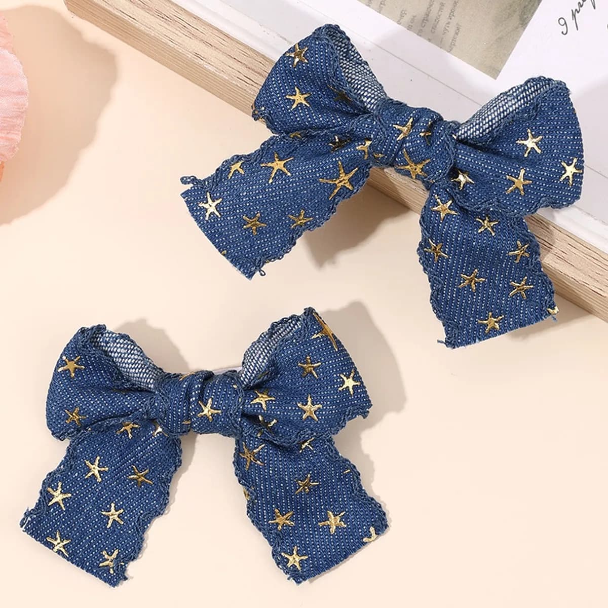 Set di 48 fermagli per capelli in denim blu con fiocco per bambine, accessori per capelli con stella stampata, fermagli in jeans per bambini, copricapo