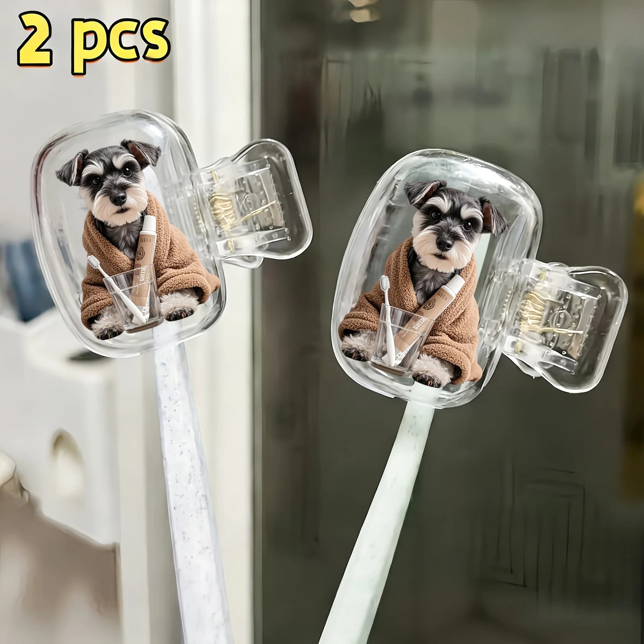 2pcs Schnauzer Dog Wearing a Bathrobe with a Toothbrush Set Portable Toothbrush Head Cover Ideal Holiday Gift Birthday Gift