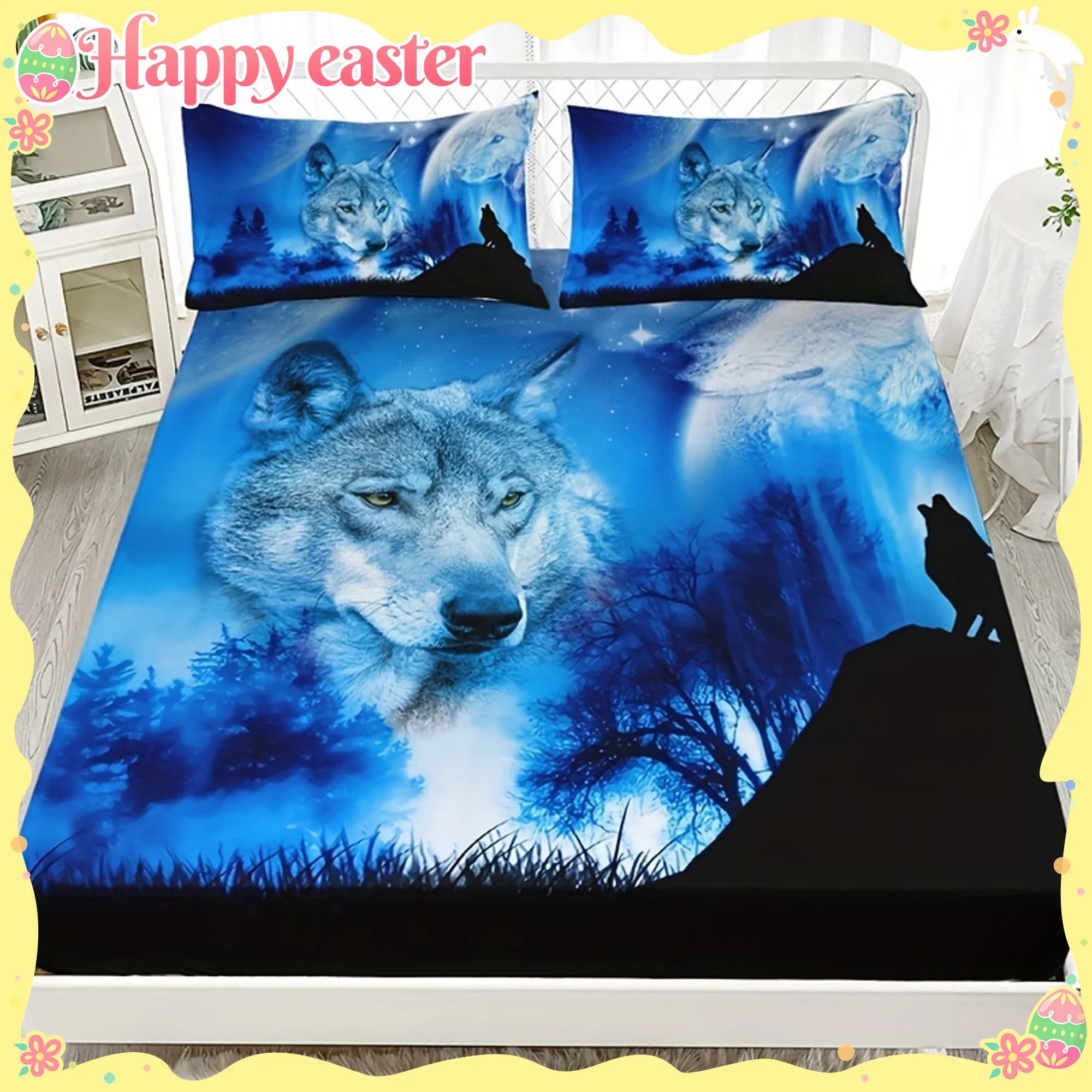 Set copripiumino con stampa digitale HD di animali della foresta Dark Wolf - Set copripiumino decorativo per la casa