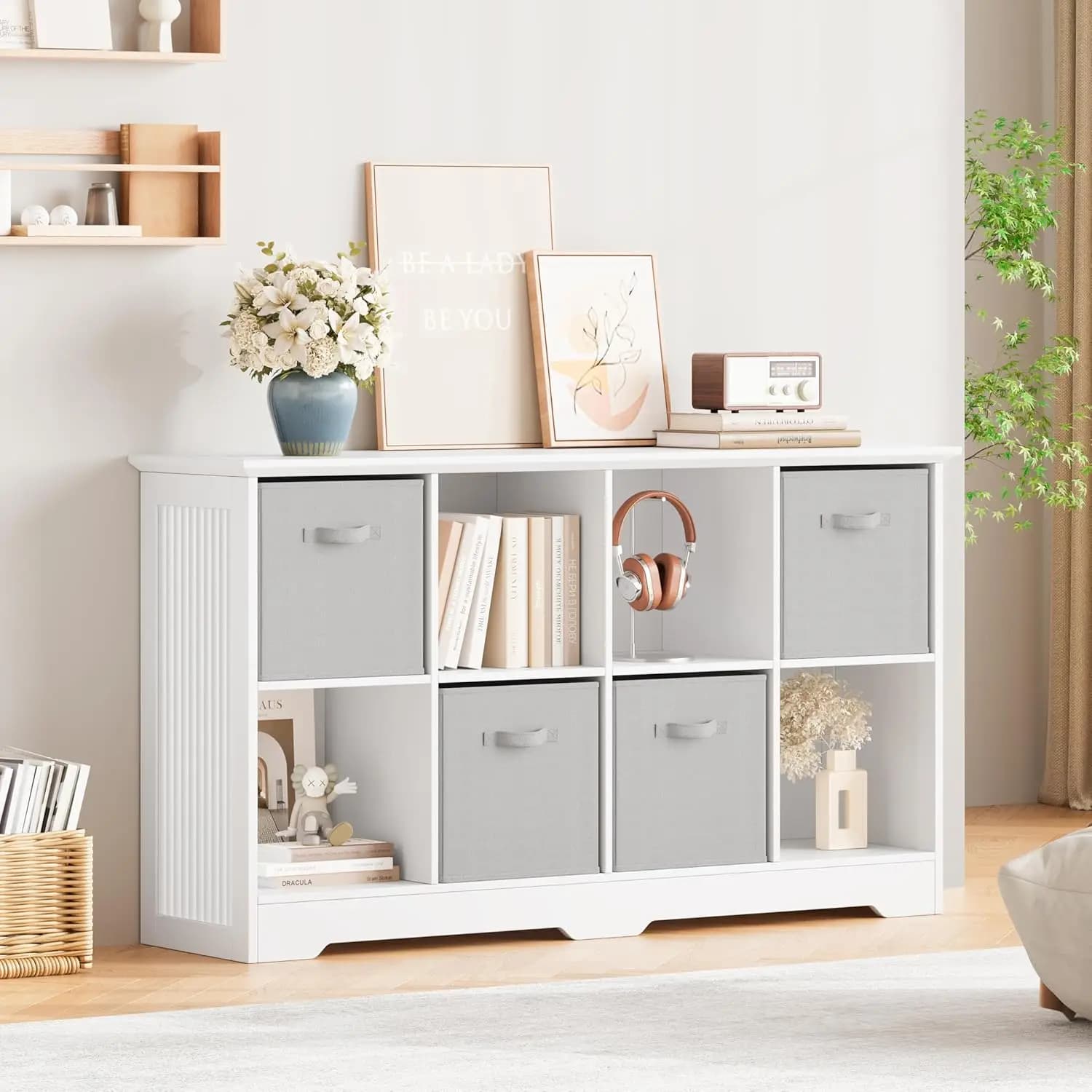 Scaffale Organizzatore a 8 Cubi, Contenitore in Legno con 4 Cassetti in Tessuto, Libreria a 2 Livelli in Legno con 2 Ripiani Regolabili, Personalizzabile