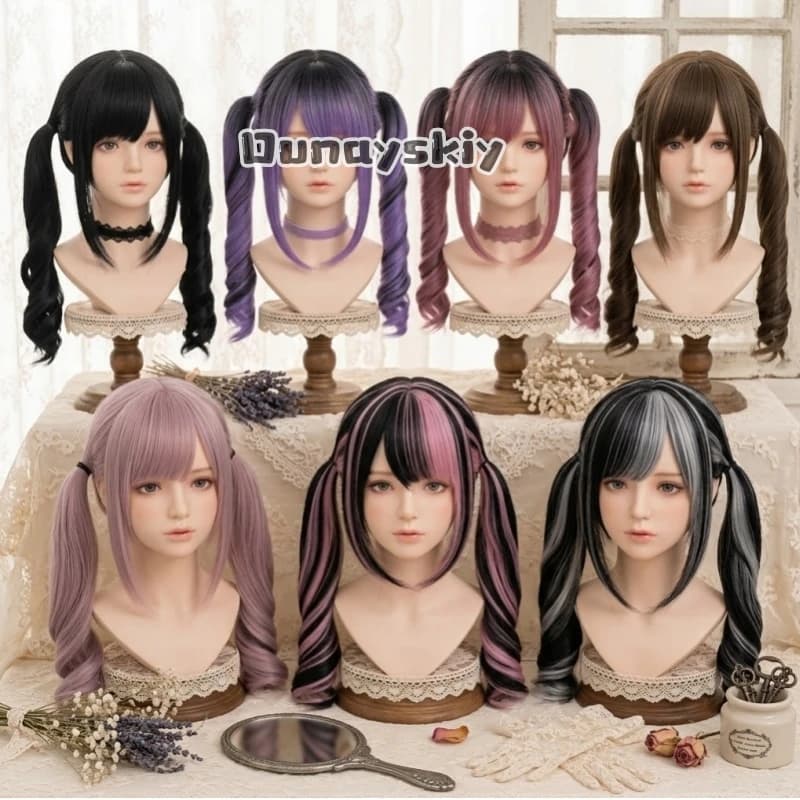Parrucca Sintetica Cosplay Jirai Kei per Halloween, Sfumatura Rosa-Nero, Doppia Coda di Cavallo, Accessori Kawaii per Donne, Anime Misamisa