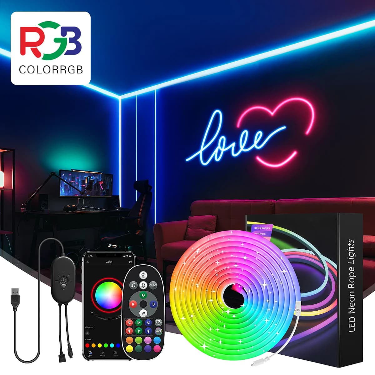 LED Neon Rope Lights, Control with App/Remote Control, Flexible LED Rope Lights, Multiple Modes, IP67 Outdoor RGB Neon Lights