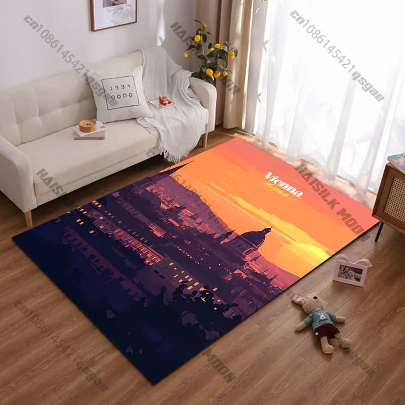 Carpet with view on the horizon lines of Vienna at sunset, yoga mat, decoration for living room, baby mat, game mat