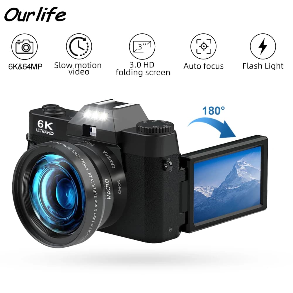 Ourlife Digital Camera for Photography 6K Zoom Digital 16X Video Recorder Vintage Vlog 64 MP YouTube 180 ° Webcam WiFi with tipping screen