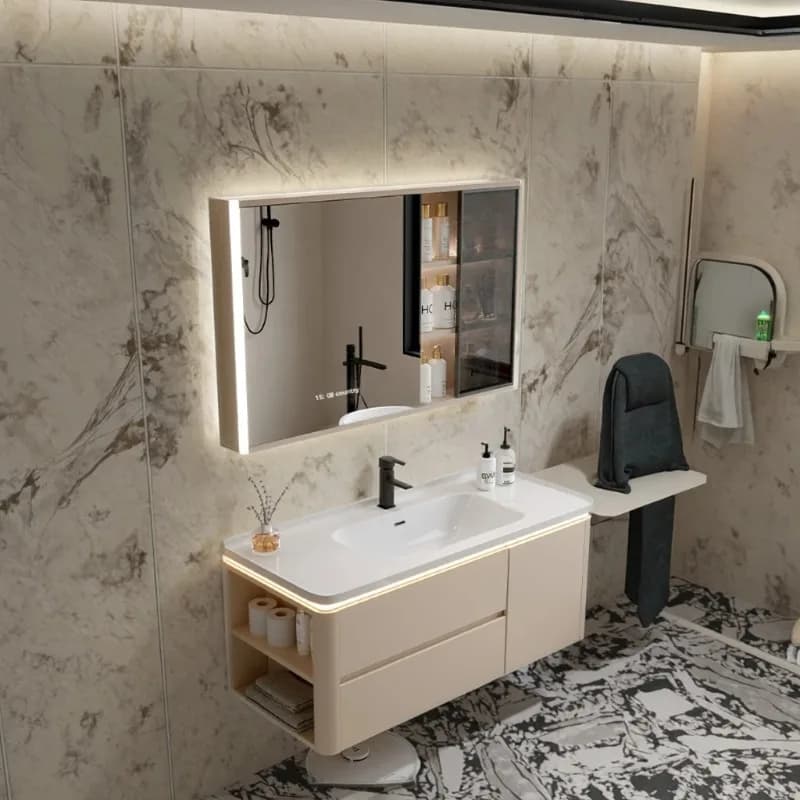 Vanity da bagno classico di lusso con lavabo in ceramica e set di mobili da bagno a parete con specchio intelligente