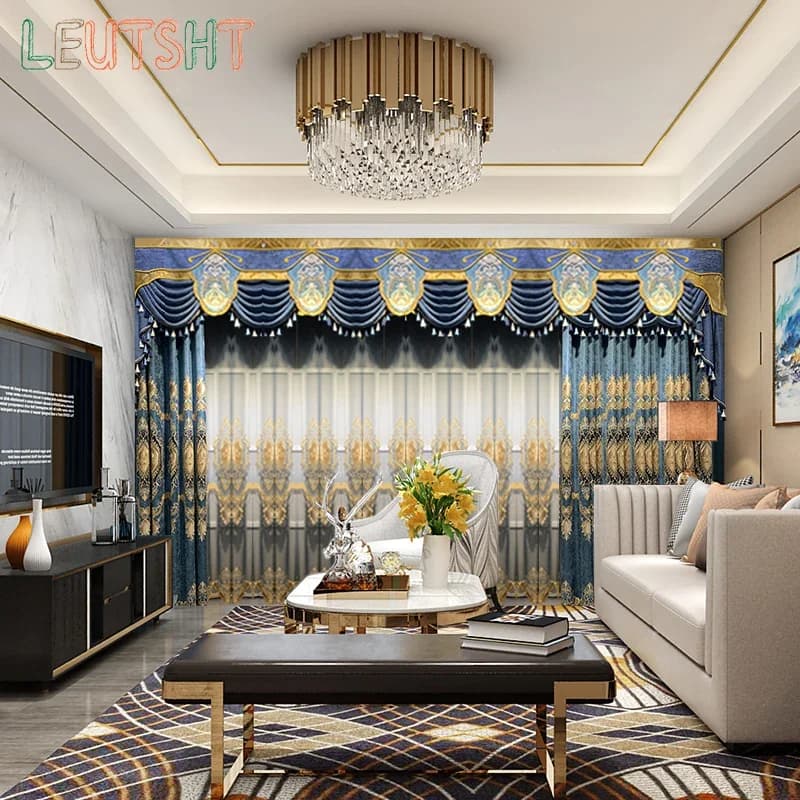 Luxurious European Chenille Embroidered Curtains for Living Room Luxury Bedroom High-end Embroidered Tulle Curtains