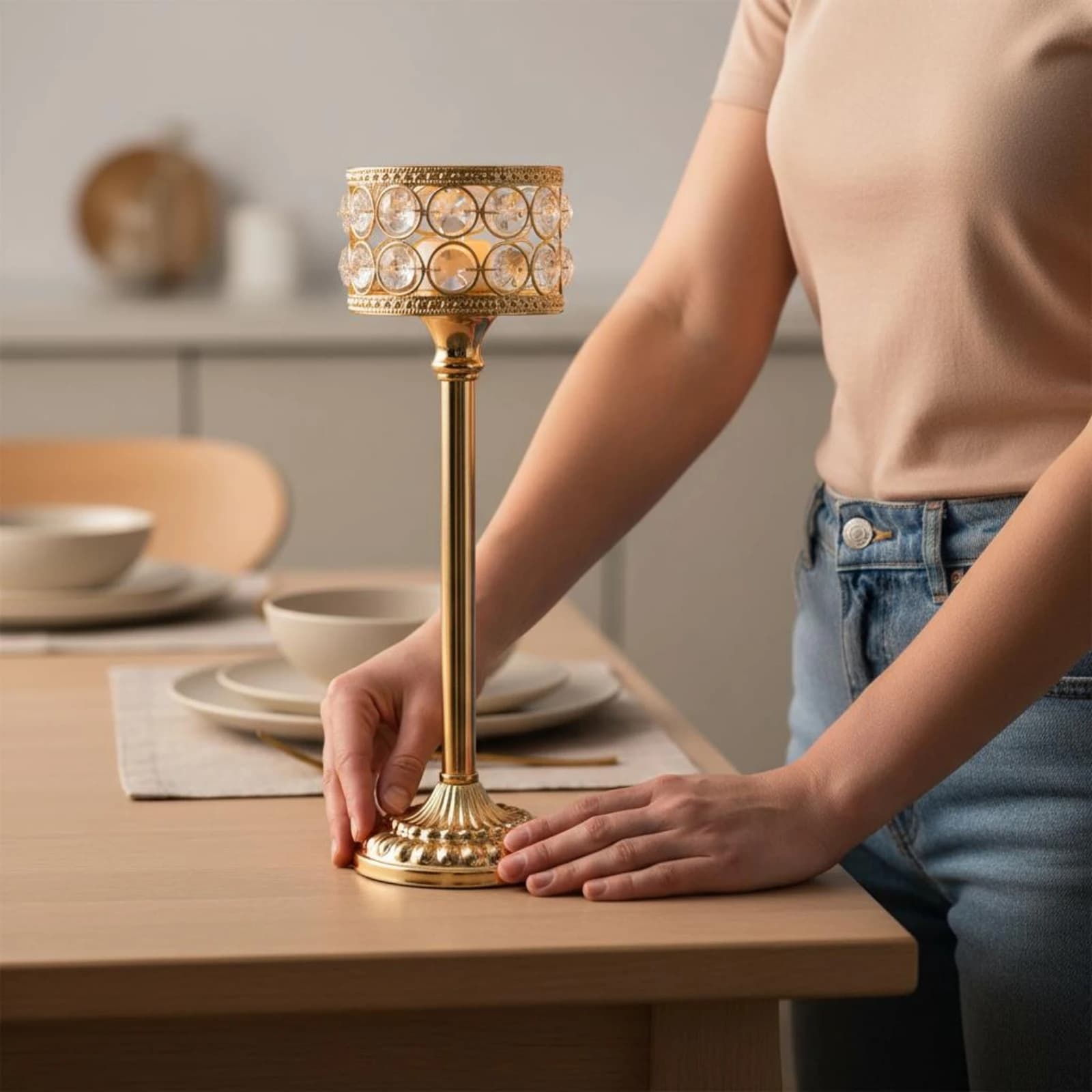 Set di 3 Portacandele in Cristallo Dorato, Design di Lusso, Centrotavola Glamour, Decorazione per la Casa e Feste