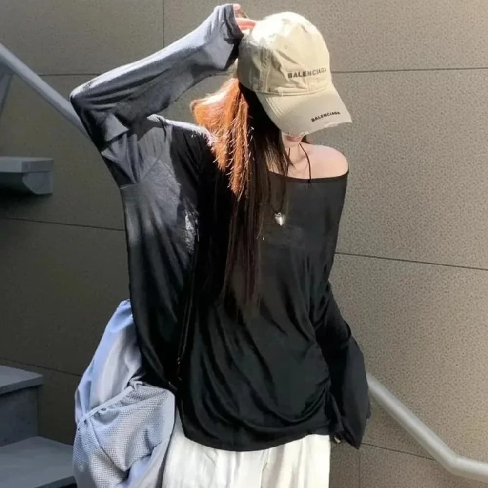 Sexy Sheer Baggy T-shirt for Women 2026 Casual Fashion Loose Pullovers Chic Lazy Solid Color Off Shoulder Top Streetwear