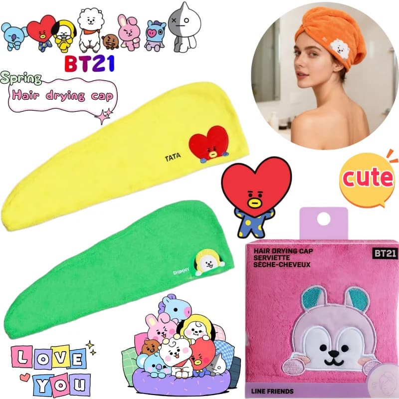 Cuffia da doccia BT21 Cooky RJ Koya Shooky Chimmy, ad alto valore estetico, con stampa cartoon, ispessita, super assorbente e ad asciugatura rapida