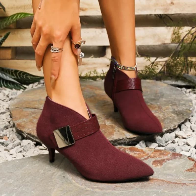 Women's Boots with Decorative Metal Buckle, High Heel and Closed Point, Camoscio with Lateral Hinge, Autumn Collection 2025