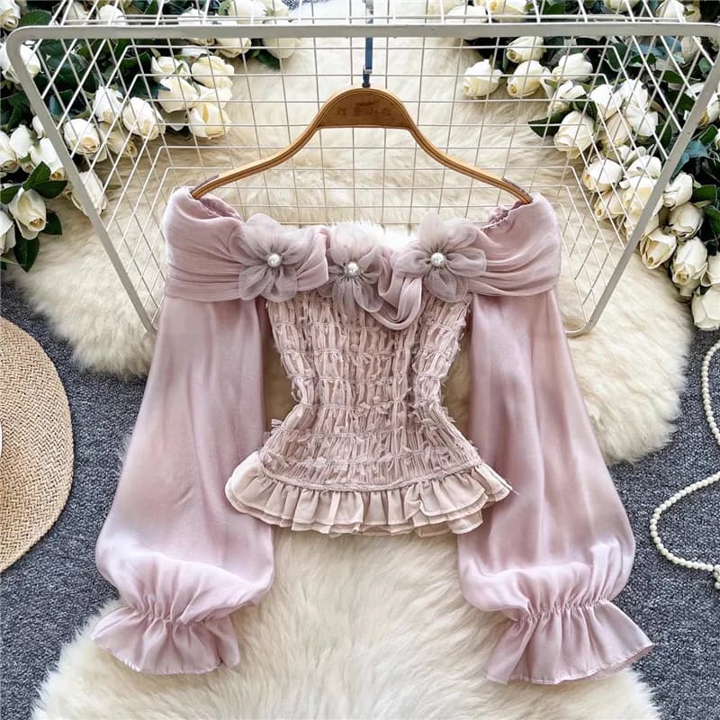 Short French Lolita Style Shirt with Neckline, Strapless, Bell Sleeves, New Spring Collection 2026, White Top and Pink