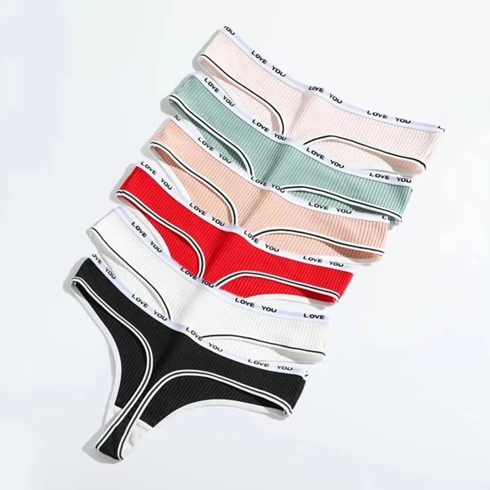 3 Pezzi Slip Tanga Donna in Cotone a Costine con Effetto Push-Up, con Scritta 'LOVE YOU', Taglia Europea S-L, Sexy, Stile Bikini