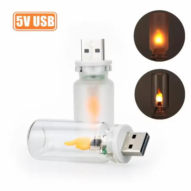 USB Flickering Flame LED Candle Night Light Frosted Clear Glass Shell Simulated Flame For Car Home PC Laptop Festival Decor