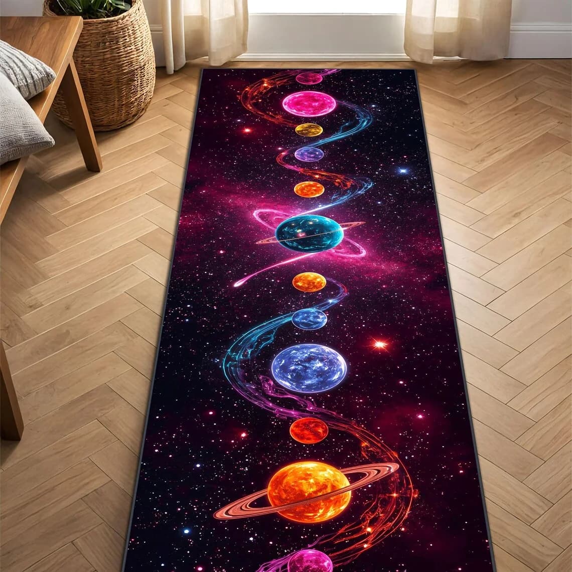 Neon Solar System Runner Rug Non-Slip Kitchen Runner Galaxy Planets Print Hallway Rug for Carpet Floor & Space Themed Decor