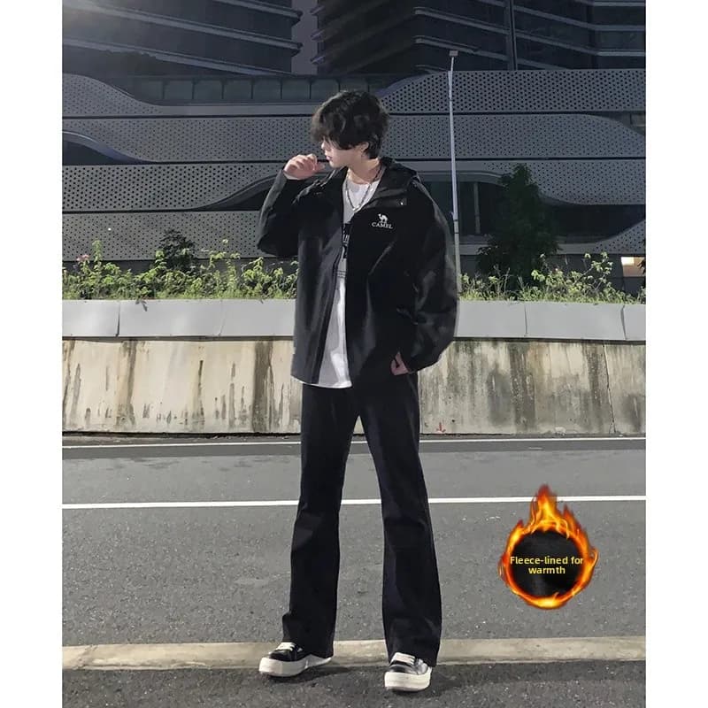 Bla Fce Lined Men's Jeans Autumn Winter Straight Leg Slimming Long Length Youth Faion Wear Resistant mid Waist Long Tr...