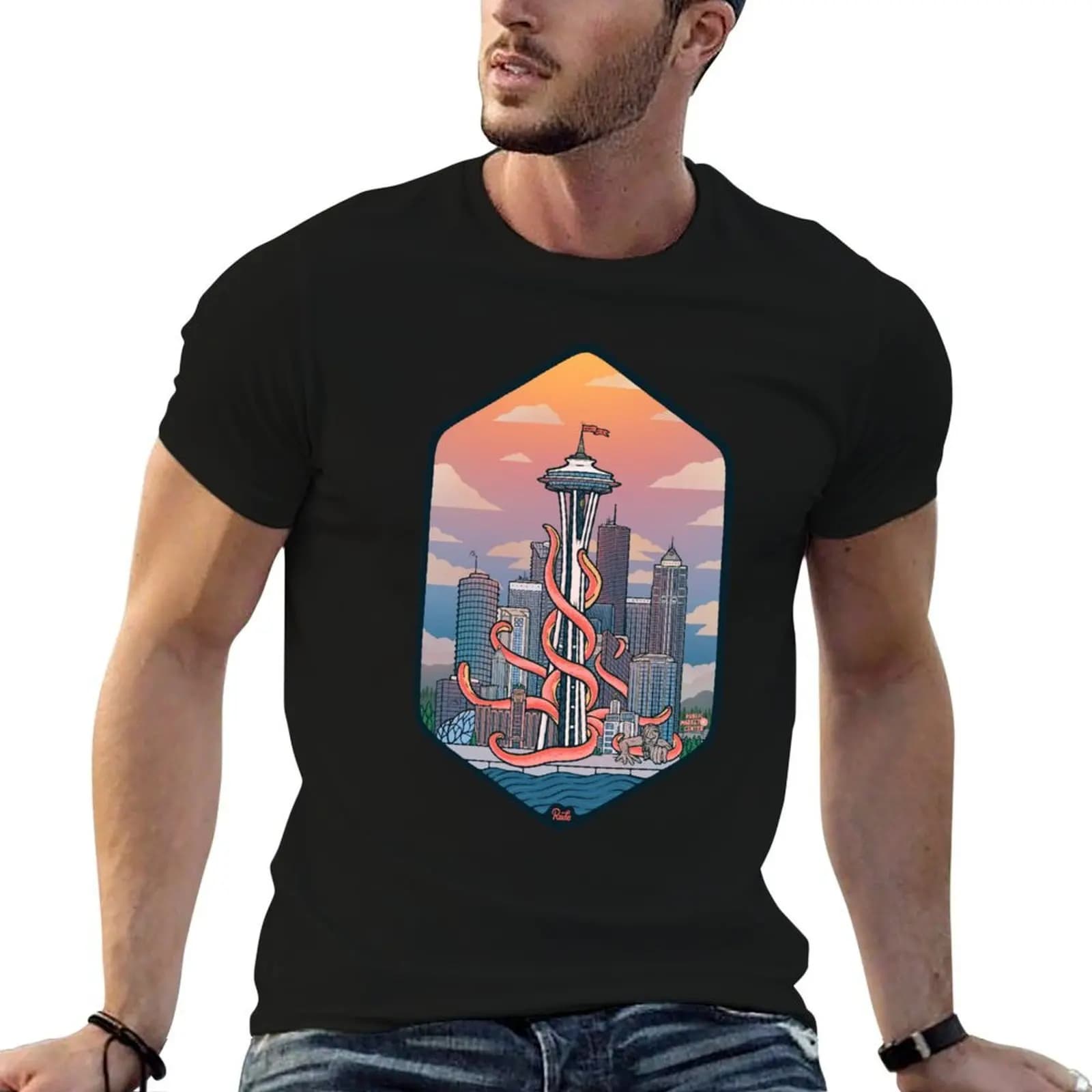 T-shirt Seattle Space Needle Octopus, t-shirt grafica da uomo, t-shirt da uomo in cotone, t-shirt da uomo di lusso