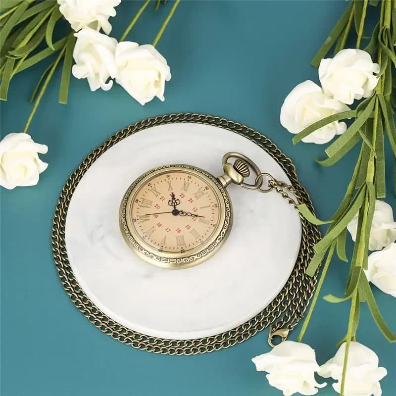 Antique Retro Clock Open Face Design Roman Numeral Dial Bronze Quartz Pocket Watch for Men Women with Sweater Necklace Chain
