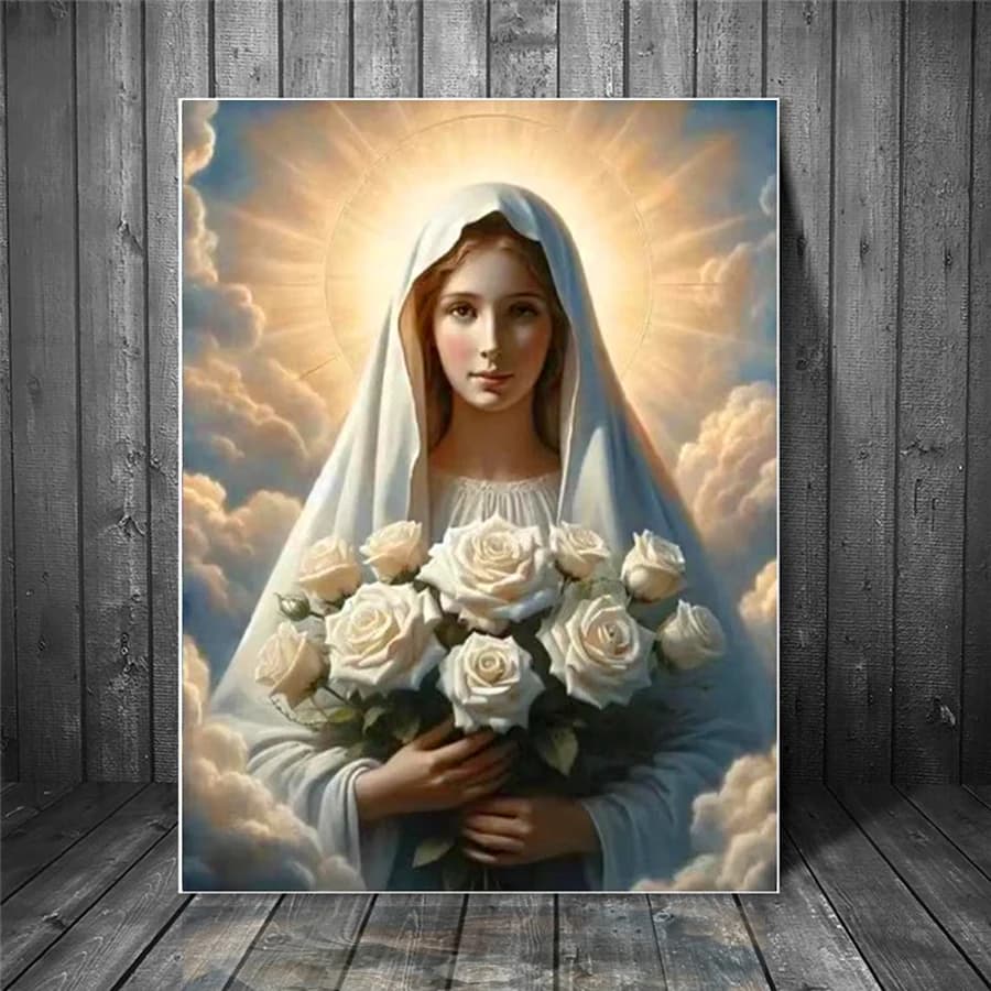 Virgin Mary holding white rose in her hand full diamond embroidery Headscarf girl diamond painting cross stitch mosaic decor art