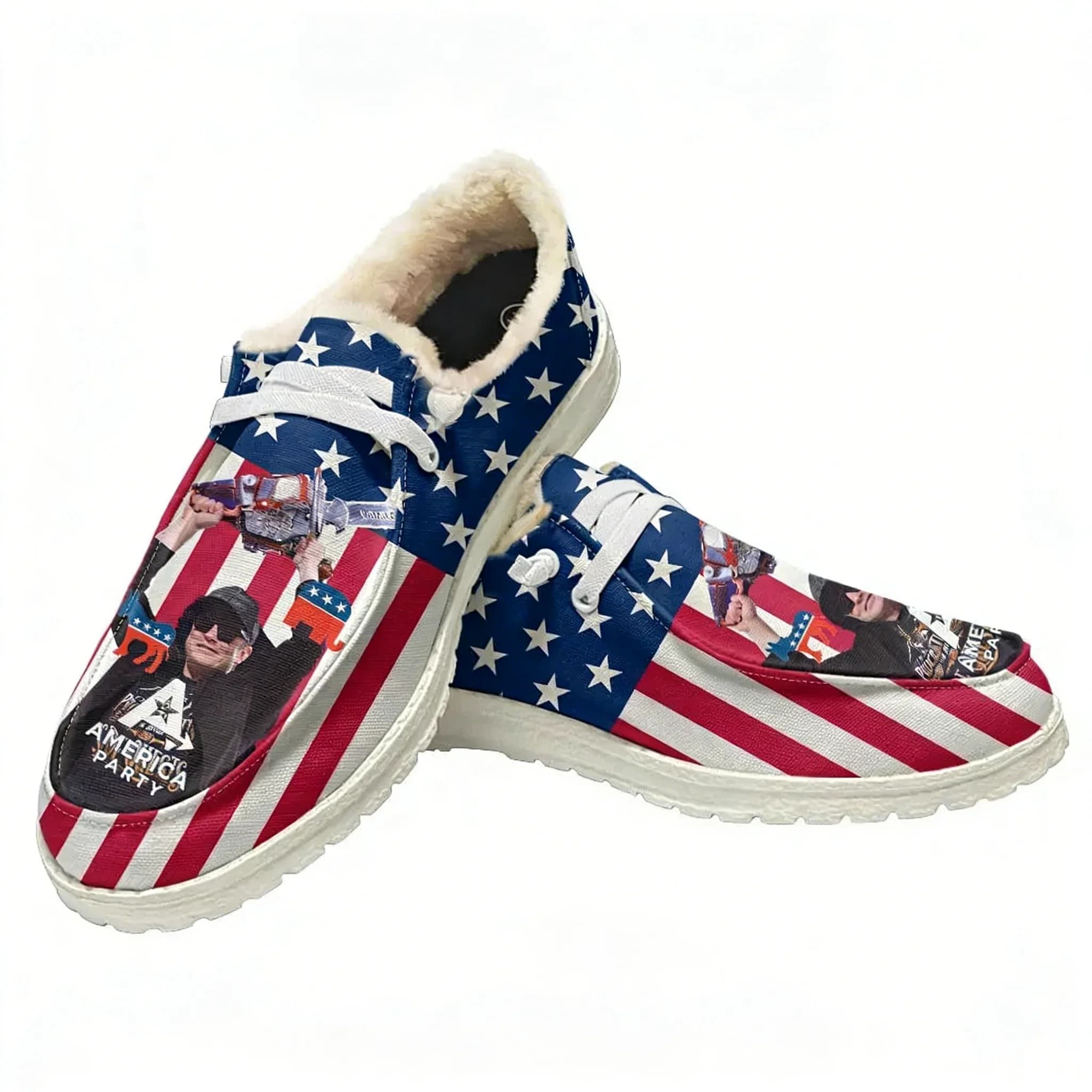 America Party Plush Loafers Men Woman Casual Flat Shoes Elon Musk Durable Elastic Warm Lightweight Footwear Custom Shoe White